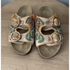 Women's House of Harlow 1960‎ Beaded Leaf Leather Buckle Sandals Size 7 Bohemian